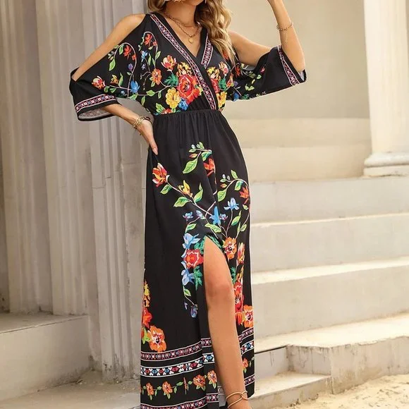 Multicolor Boho Womens Floral Print Cold Shoulder Split Thigh Dress - Picture 3 of 5